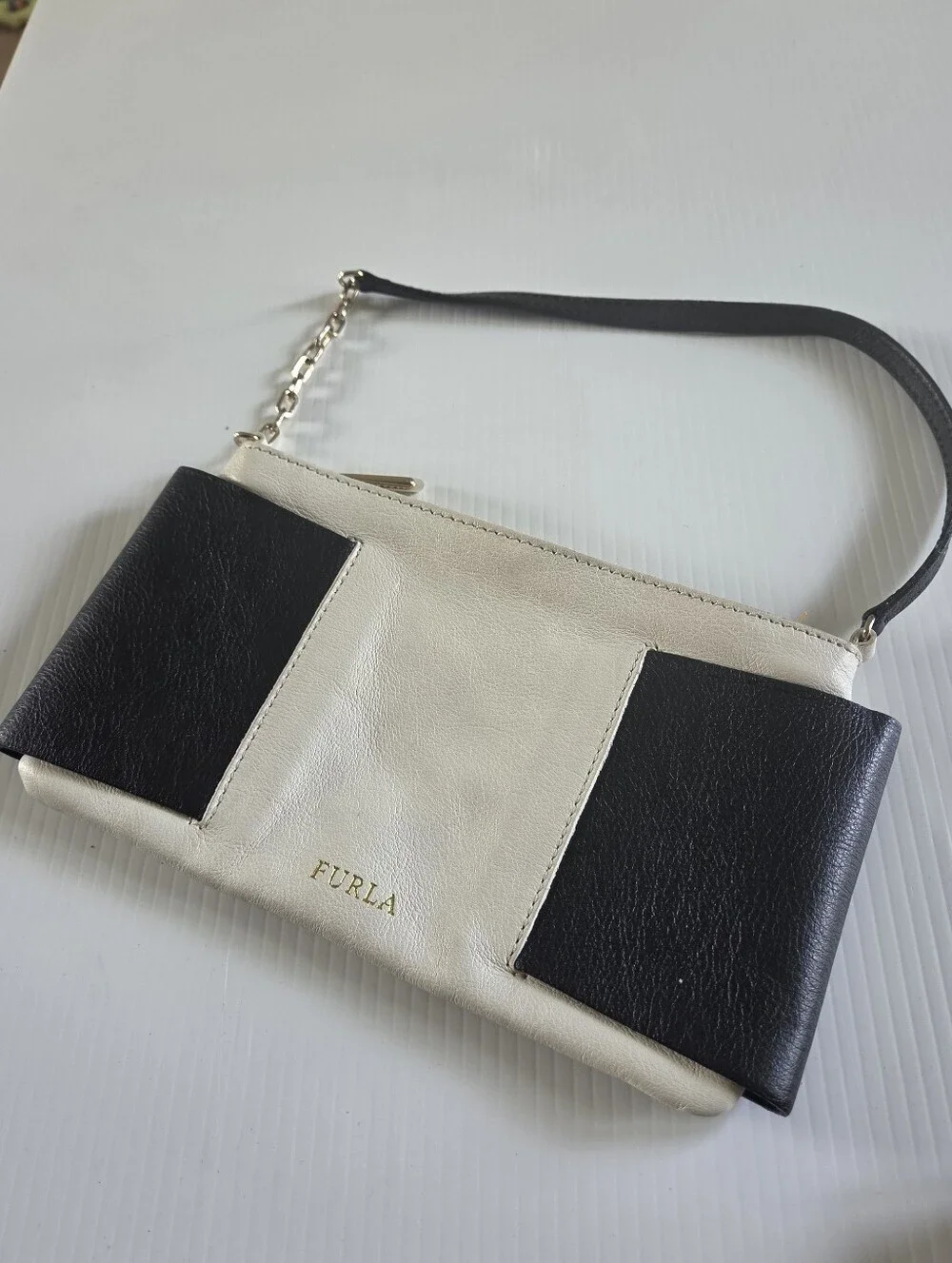 Furla Black & White Colorblock Leather Chain Strap Mini Bag Made in Italy